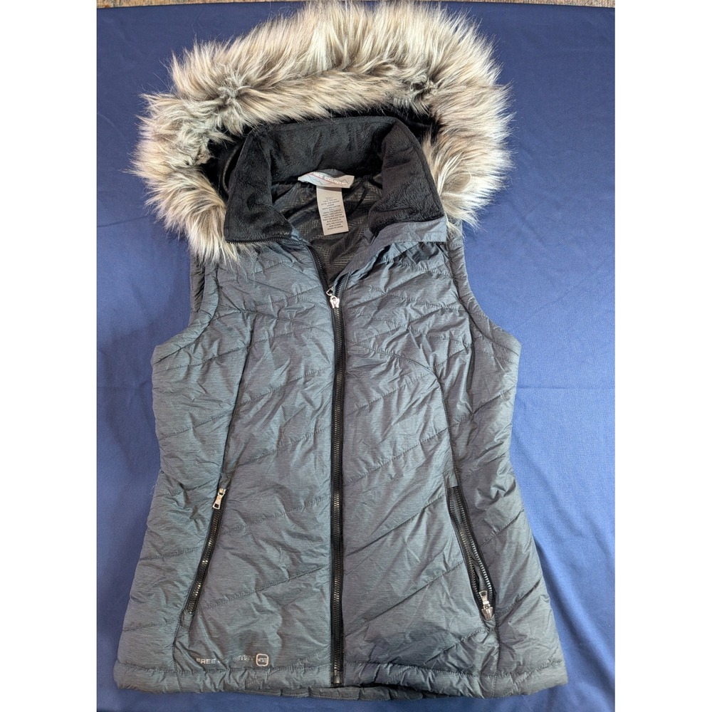Free Country Women's Puffer Vest Faux Fur Hooded Quilted Gray Small